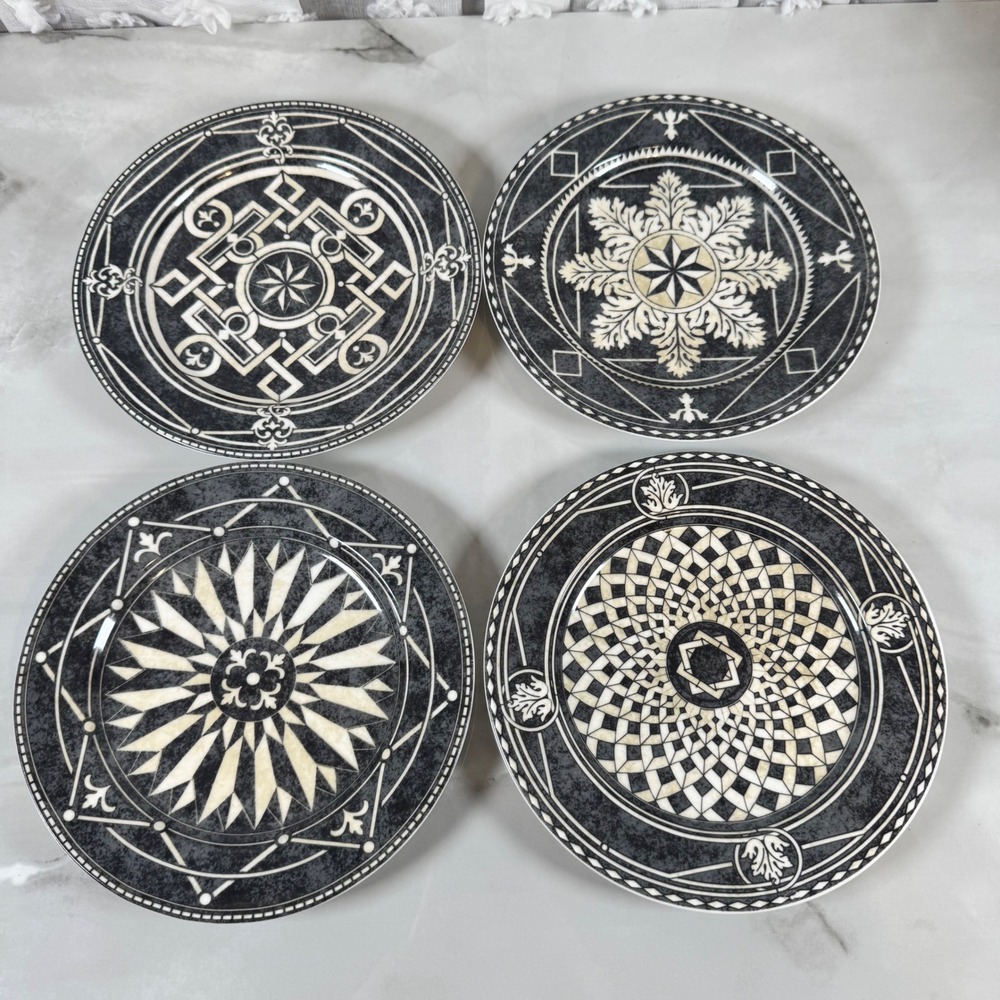 222 Fifth San Marco Salad Plates Set of 4 Unique Geometric Patterns Black White